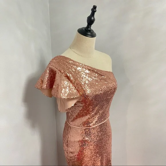# Mac Duggal Rose Gold Sequins One Shoulder Ruffle Mini Dress / Gown New W/ Tag - Picture 7 of 17